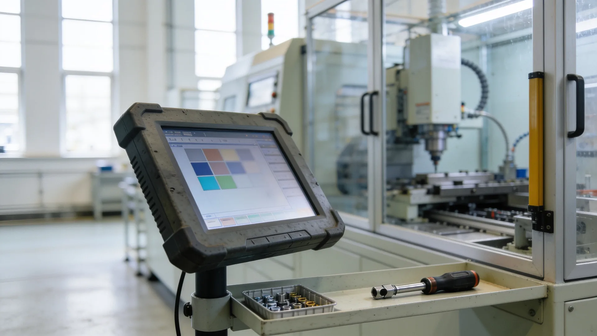 Operator terminal beside a machine cell on a factory floor